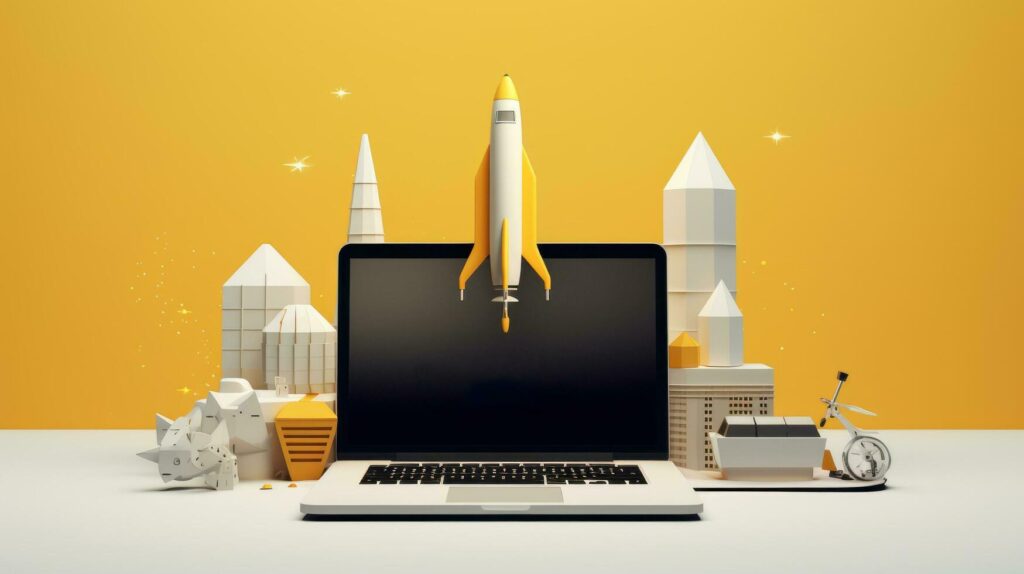 
									Business start up concept with rocket launching to space. Generative Ai Stock Free