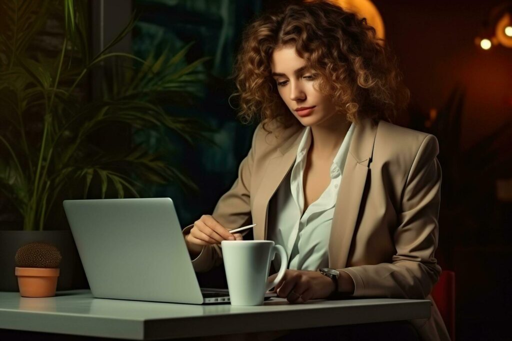 Business woman using laptop and drinking coffee at table in office.AI Generated Stock Free