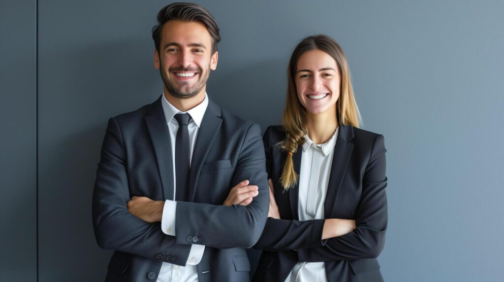 Businessman and Business Woman Standing Together with Smile on Their Faces Stock Free