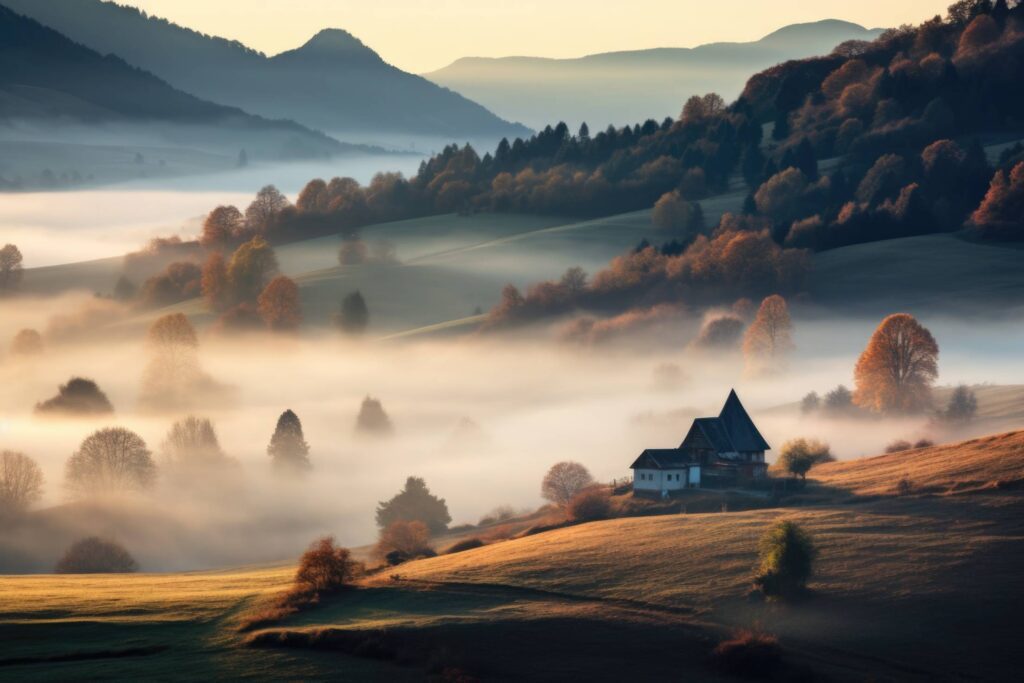 Cabin in a Beautiful Autumn Nature During Foggy Morning Stock Free