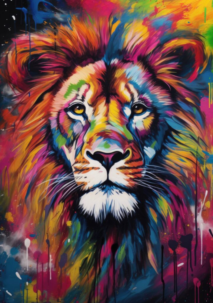 Calm Lion Face Portrait in Colorful Painting Stock Free