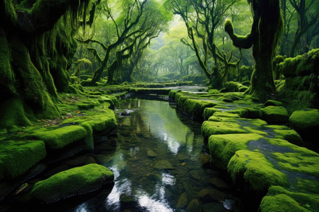 Calm River in the Middle of a Green Forest Stock Free