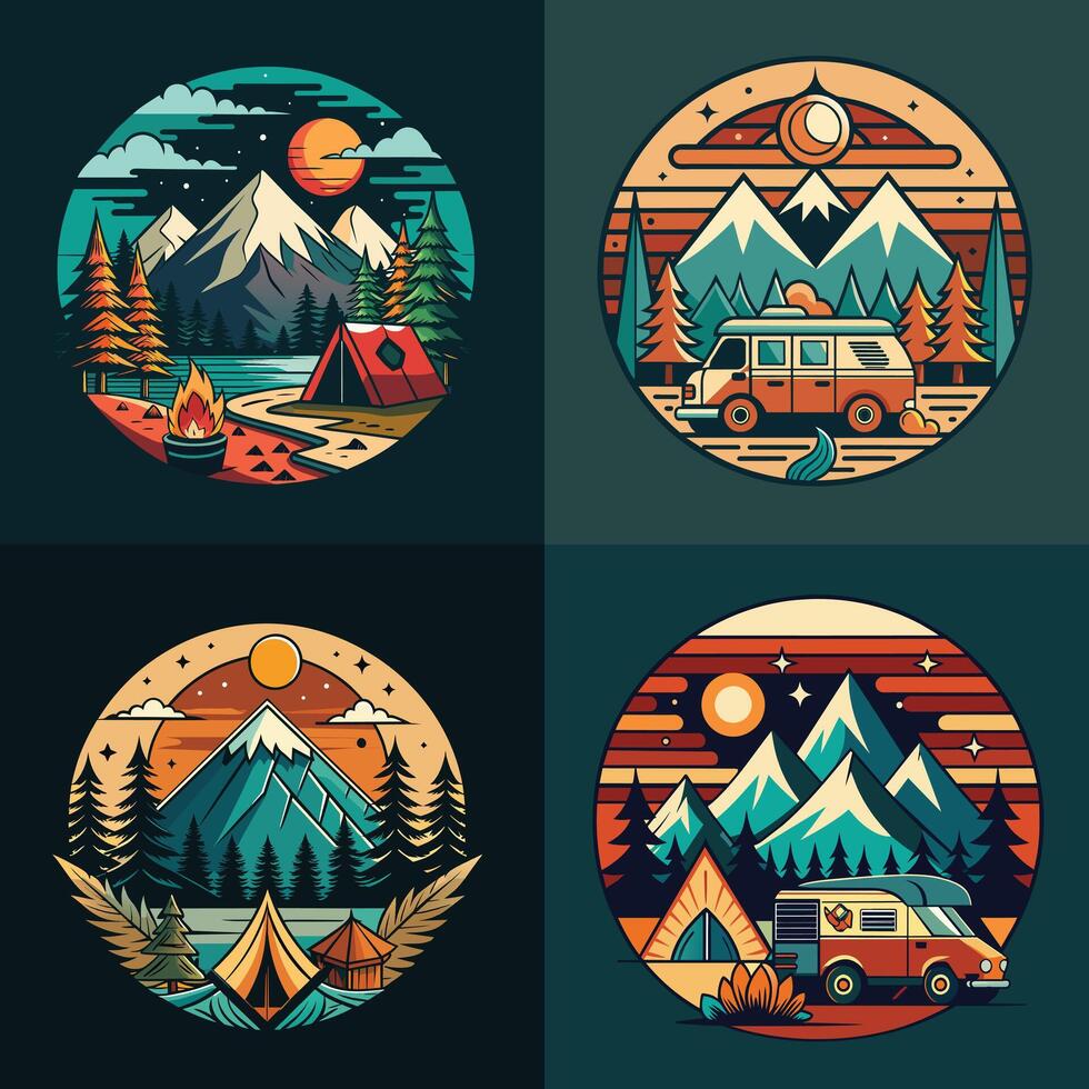 Camping and travel round emblems set. Camping and adventure icons. Vector illustration. Stock Free