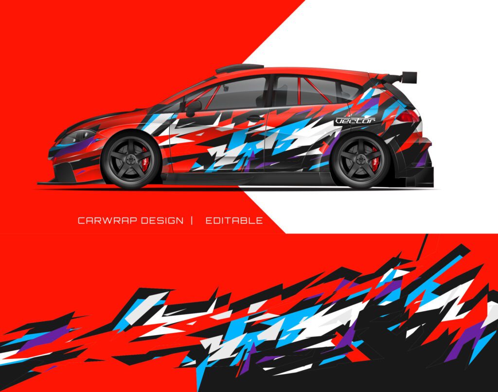 Car wrap design modern racing background design for vehicle wrap, racing car, rally, etc Free Vector