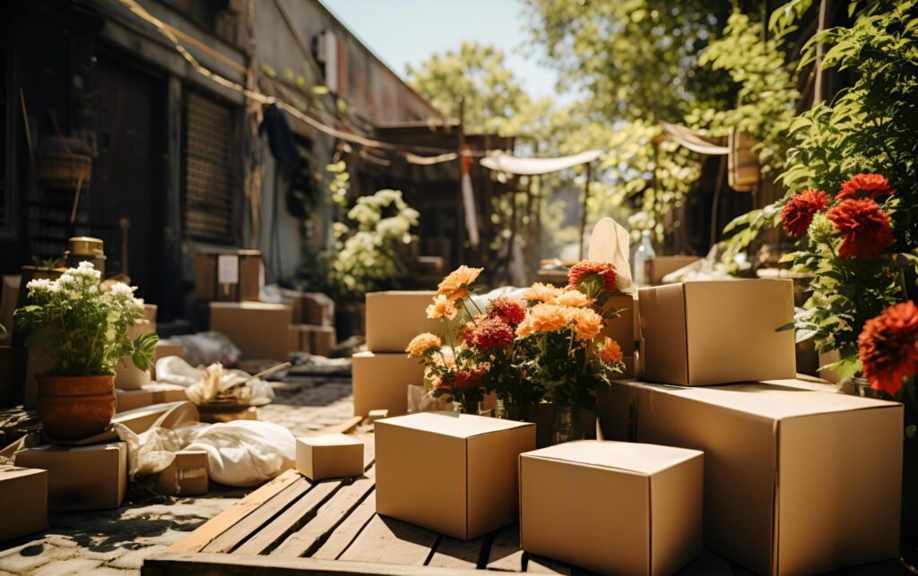 Cardboard boxes and household stuff outdoors for shipping and transportation of parcels. Ai-Generated Free Photo