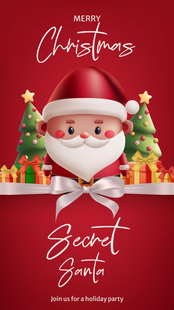 Cartoon 3D Santa illustration for a festive Secret Santa banner invitation. Fun and cute holiday design with realistic elements. Perfect for Christmas celebrations. Not Free Vector