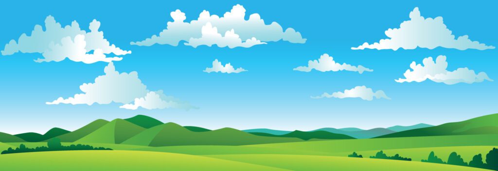 Cartoon colorful panorama of spring summer beautiful nature, green grasslands meadow with mountains on horizon background, summer mountain landscape, dawn over the valley. Vector illustration Free Vector and Free SVG