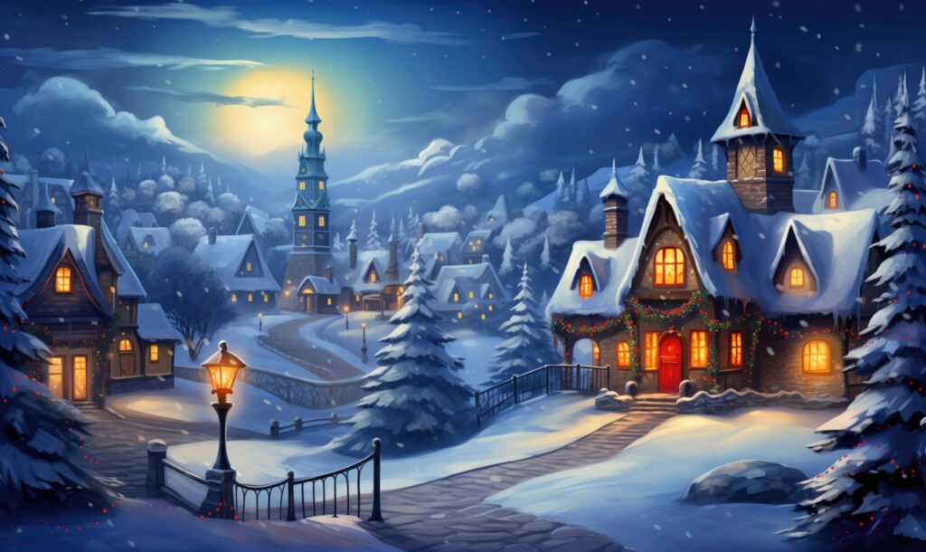 Cartoon Fairytale Christmas Village Scenery Stock Free