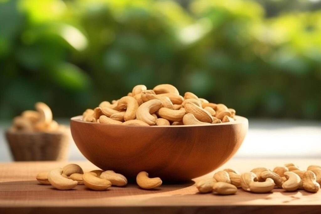 Cashew nuts in the wooden bowl with garden background.. Stock Free