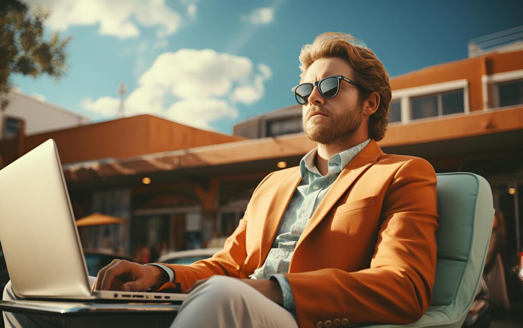 Caucasian businessman is wearing vintage orange suit and sunglasses is working with laptop outdoor cafe. Ai-Generated Free Photo