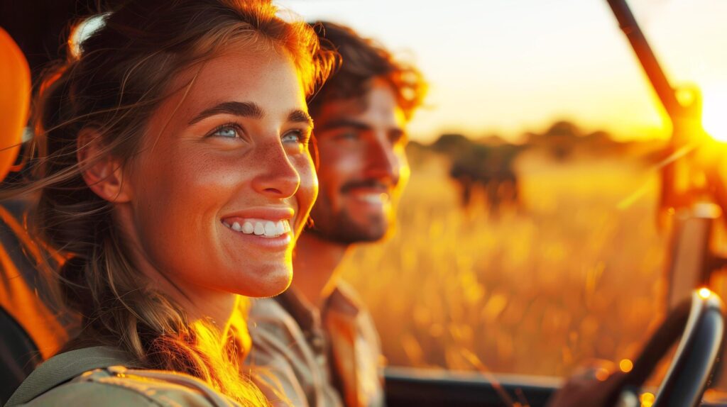 Caucasian couple love is relaxing and smiling in car with destination travel adventure for road trip in sunset and wildlife of animals in zoo of safari in Africa. AI-Generated Free Photo