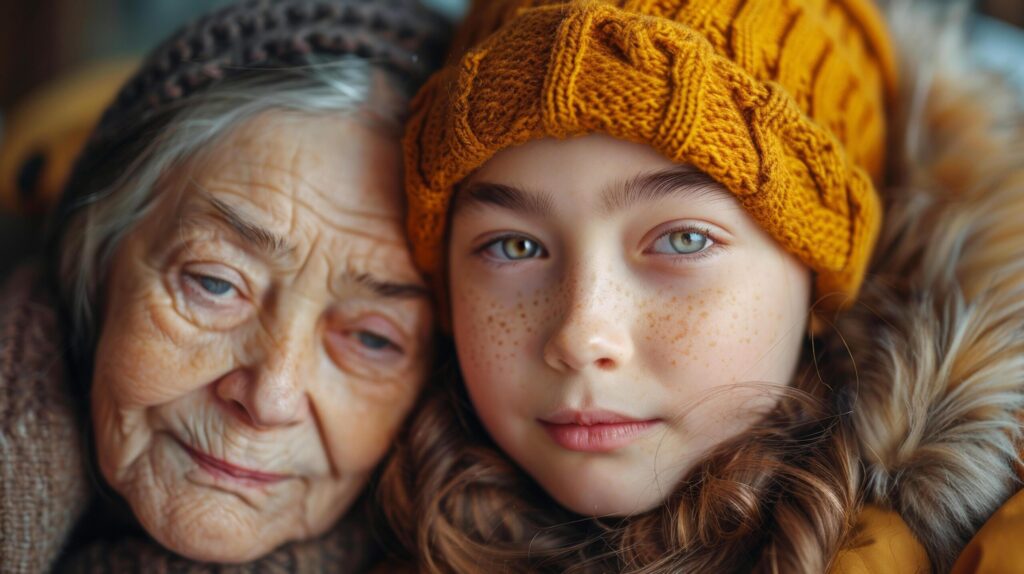 Caucasian elderly senior paternal grandmother and granddaughter teenage is relaxing and hug at home together. AI-Generated Free Photo