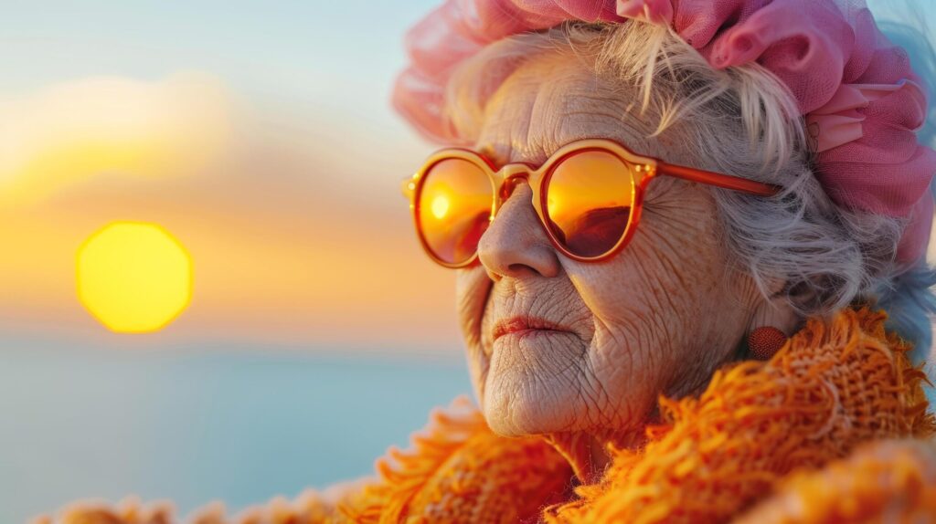 Caucasian elderly women retired in vintage sunglasses is happy traveling and looking at sunset during summer time in sea and beach on holiday. AI-Generated Free Photo