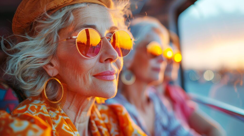 Caucasian elderly women retired in vintage sunglasses is happy traveling and looking at sunset in car during summer with friend in sea and beach on holidays. AI-Generated Free Photo