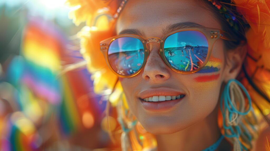 Caucasian female lesbian in sunglasses is smile and having fun at the LGBTQ with rainbow colorful flags in celebrate pride mouth parade. AI-Generated Free Photo