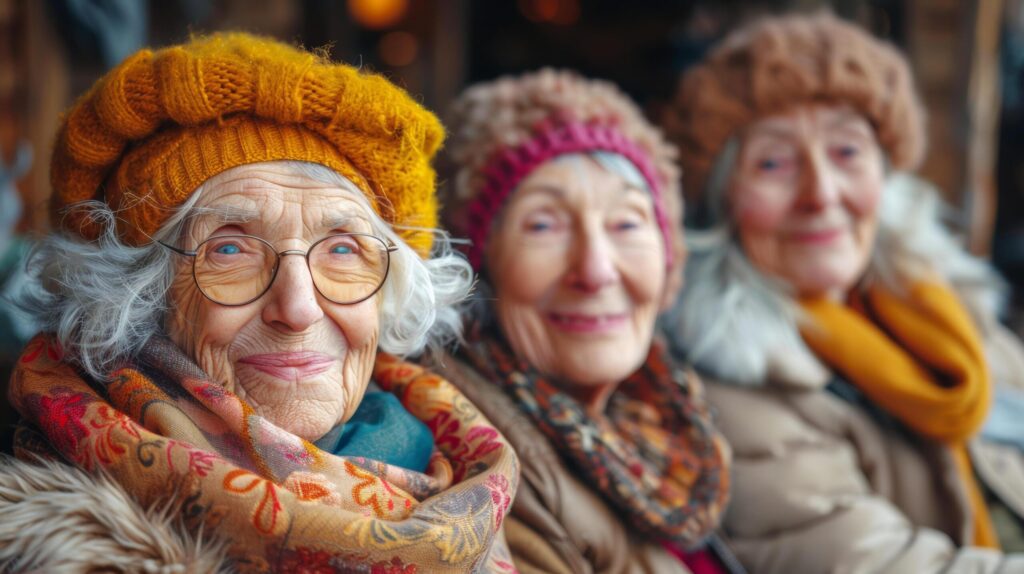 Caucasian Friends group of mature old women happy to pass time together and having fun in winter. AI-Generated Free Photo