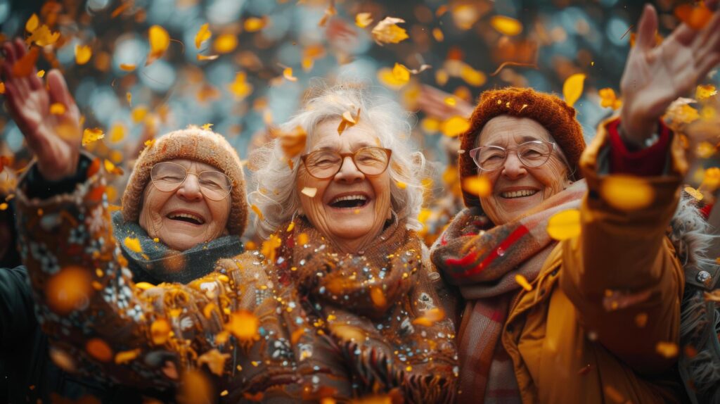 Caucasian Friends group of mature old women happy to pass time with maple leaf fall in natural garden in autumn season with friendship together. AI-Generated Free Photo