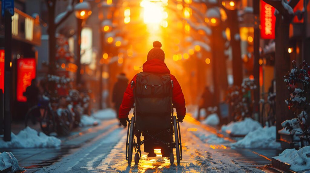 Caucasian woman wearing a red sweater is sitting in a wheelchair. Young girl is enjoying the view and relaxing with snow on the street and sunset in the city. AI-Generated Free Photo