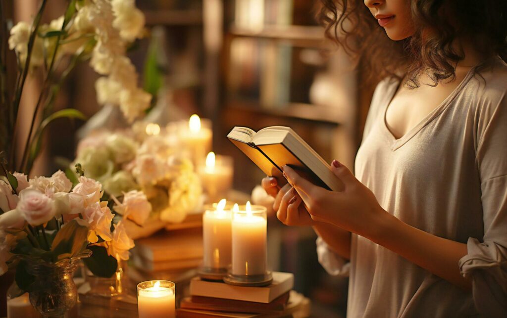 Caucasian young businesswoman is reading a book with candle light in cafe . Education and lifestyle concept. AI Generated Stock Free