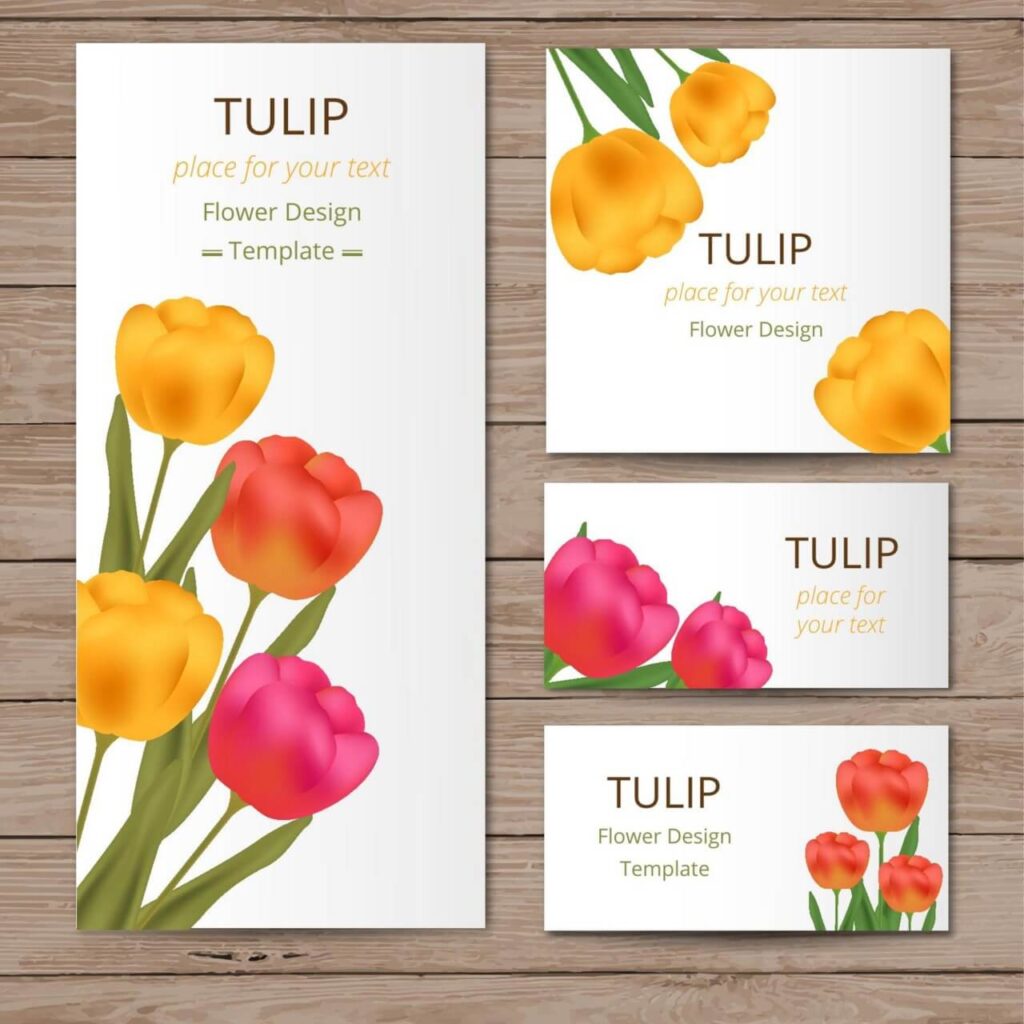 Floral cards with tulips on wood texture