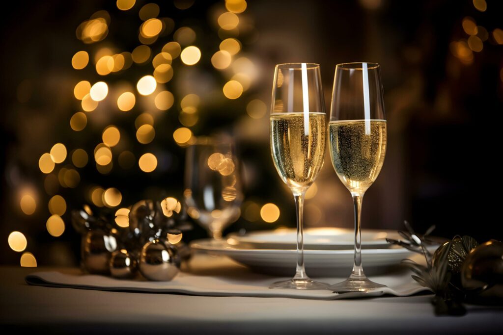 Champagne glasses on festive table with gold glowing bokeh background. Celebration background with sparkling wine. AI Generative Free Photo