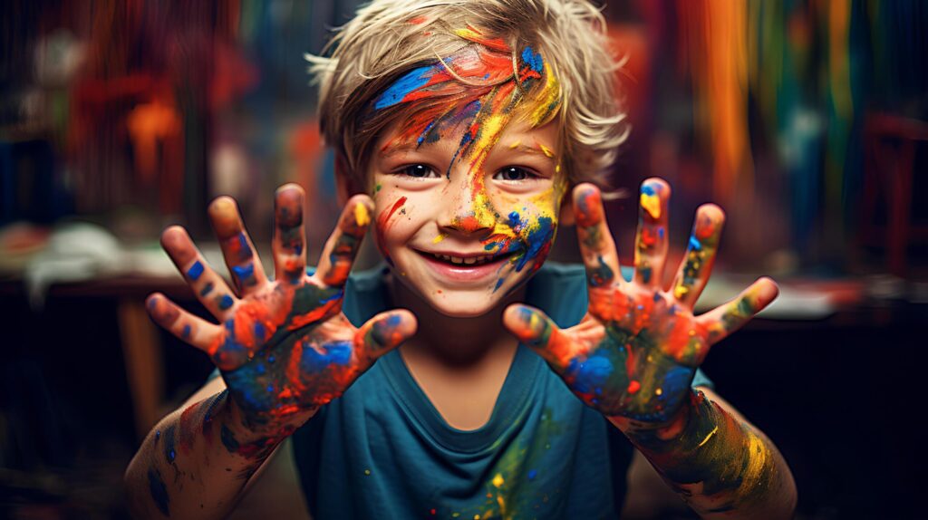 Cheerful Boy Wearing Colorful Face Paint at a Joyful Festival.Create AI Generated. Free Photo