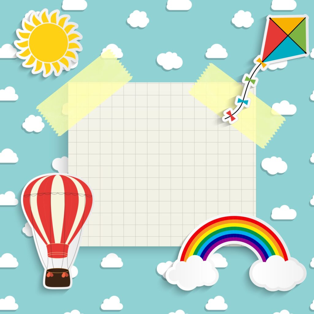 Child background with rainbow, sun, cloud, kite and balloon Free Vector