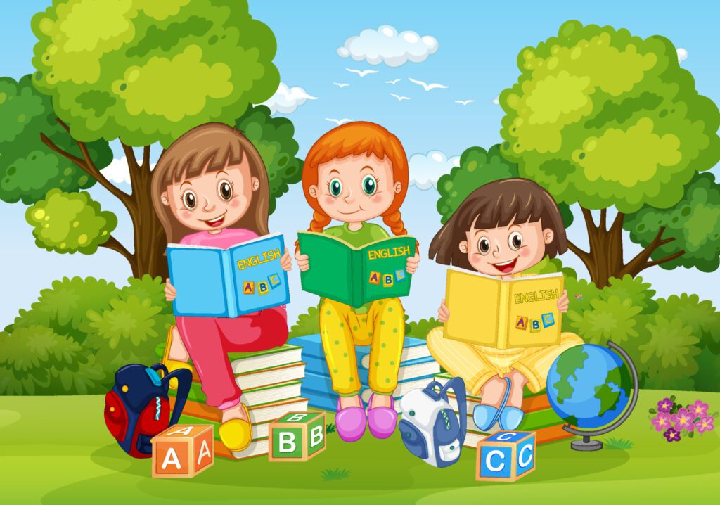 Children reading books in park background Free Vector