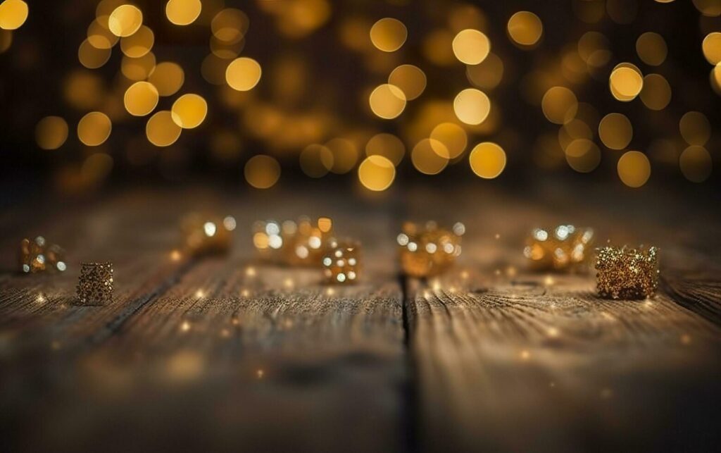 Christmas bokeh background, wooden background with bokeh, glitter stars, rustic wood, and Backdrop for product presentation. AI Generative Stock Free