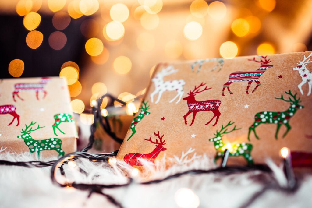 Christmas Gifts Still Life with Beautiful Bokeh Free Photo