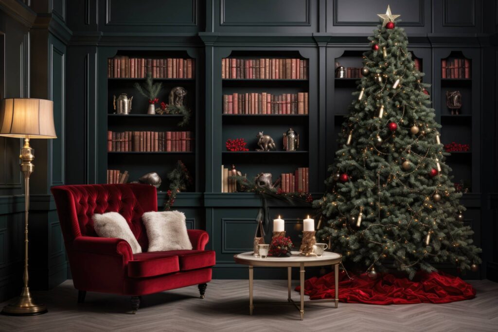 Christmas Interior with Christmas Tree and Red Chair Stock Free