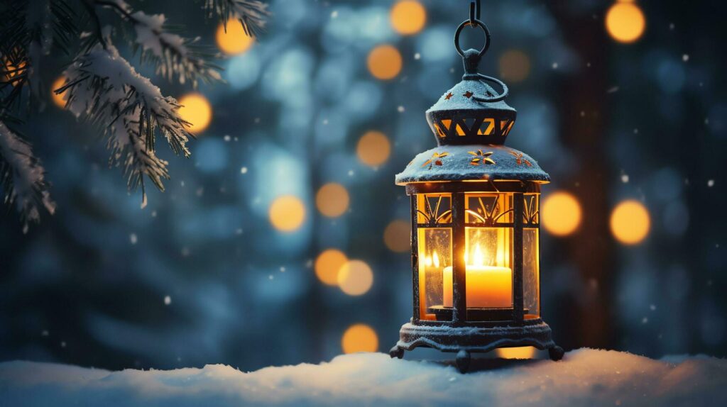 Christmas lantern light on snow background with fir branch in evening scene,AI Generated Stock Free