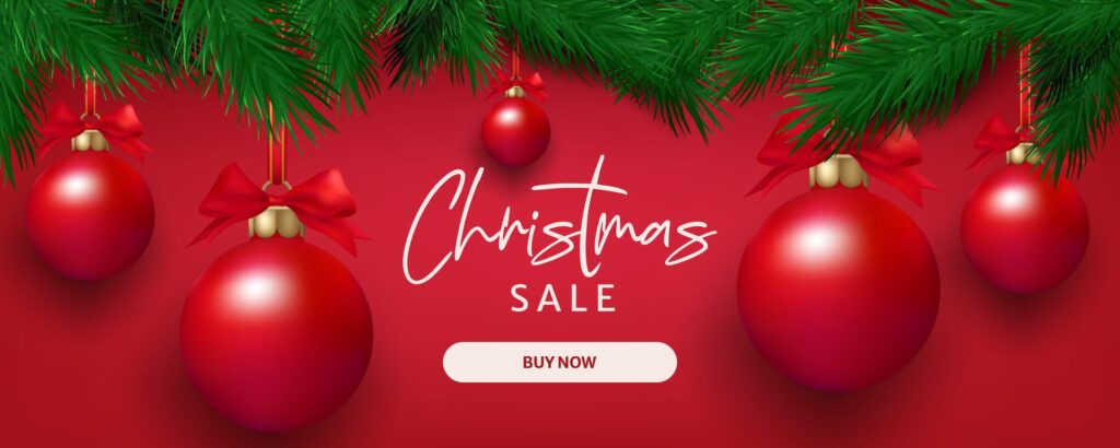 Christmas sale banner realistic pine tree branches and decorative balls. Festive background for winter celebrations, with a mix of red and green elements. Not . Free Vector