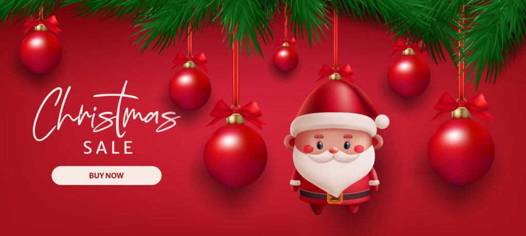 Christmas sale banner Santa Claus toy, glass balls, pine tree branches, and festive decorations in a 3D vector illustration red background. Holiday season. Not . Free Vector