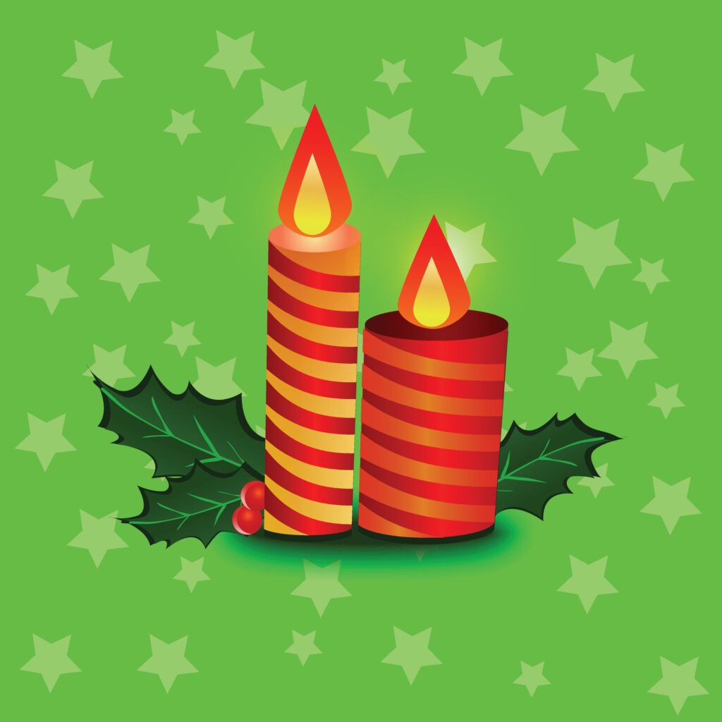 Christmas shiny red candles, holly, berries and ribbon on snowflak Candles with Moving Flame, Merry Christmas Ai Generated Free Vector