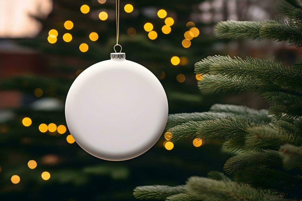 Christmas white glossy round bauble ornament on christmas tree with decoration and blurred bokeh lights background. AI Generative Stock Free