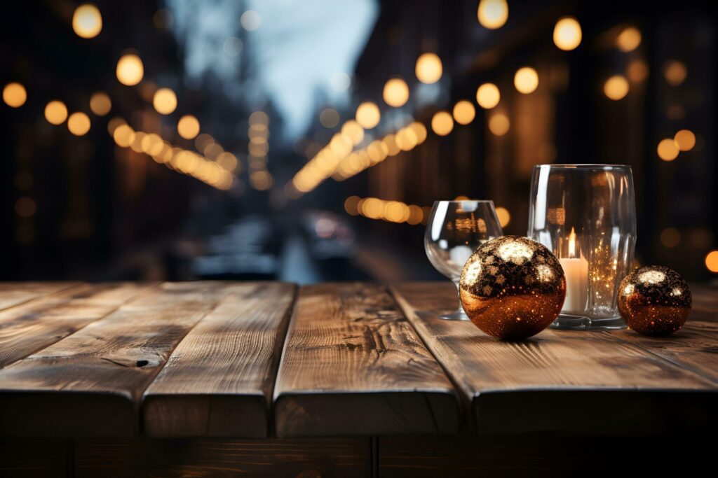 Christmas wooden table mockup with candles, glasses, balls and lights background. Festive template banner with creative bauble decoration and copy space. AI Generative Free Photo