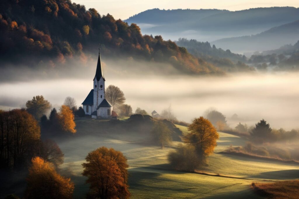 Church in Autumn Valley Surrounded by Fall Trees Stock Free