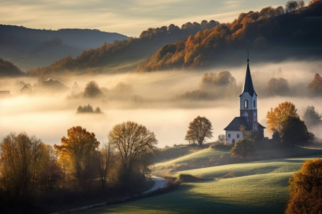 Church in Hilly Countryside in Autumn Morning Fog Stock Free