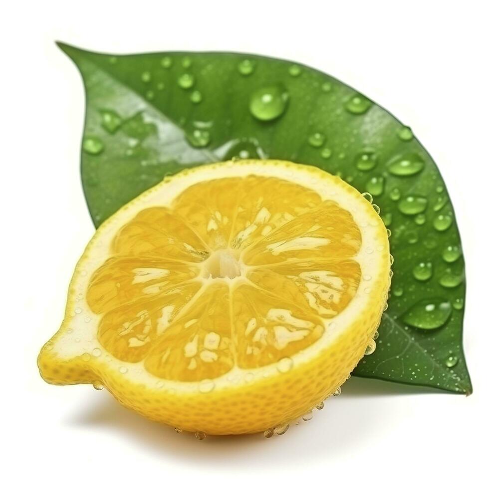 Citrus Lemon leaf with water drops isolated on white background, generate ai Stock Free