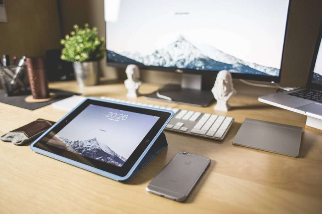 Clean Wooden Workspace Desk Setup Free Photo