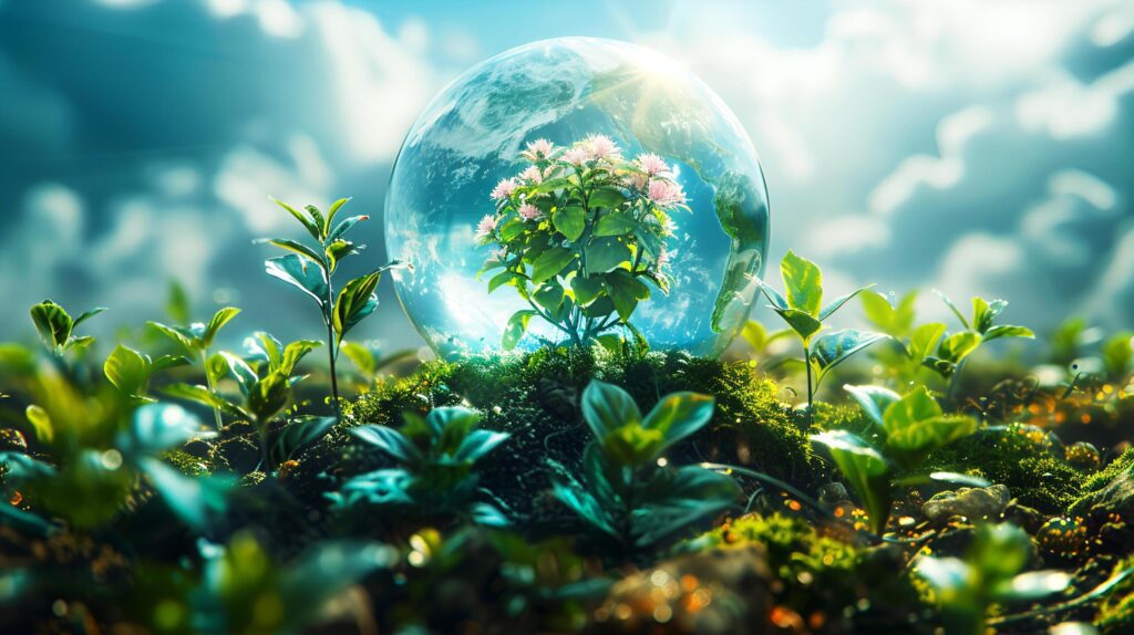 Clear bubble glass globe and tree sapling It represents the conservation of natural resources and the environment. World ozone day. AI-Generated Free Photo