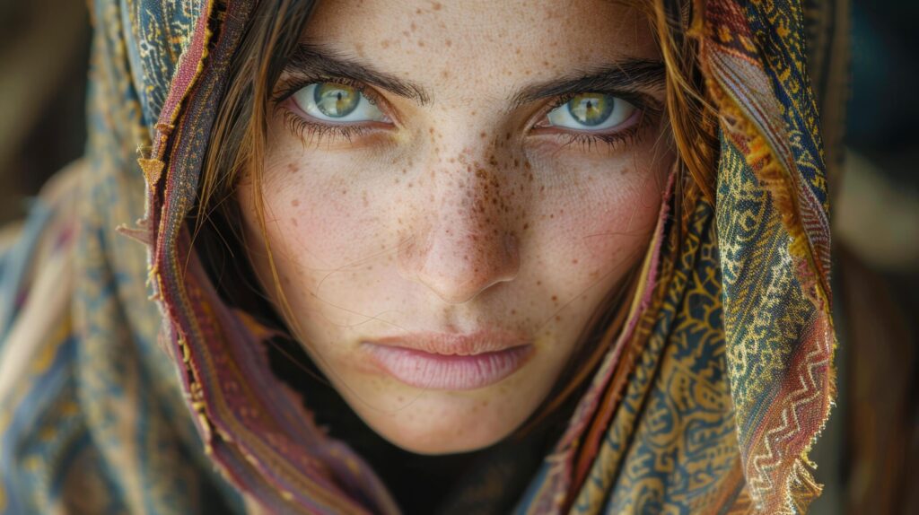 Close up beautiful middle-eastern muslim migrant tribal woman with hijab headscarf. World Refugee Day. integration into society, world volunteer day. AI-Generated Free Photo