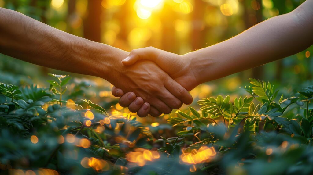 Close up mans are holding hands to create friendship and unity with natural sunlight and environment. International day of friendship. AI-Generated Free Photo