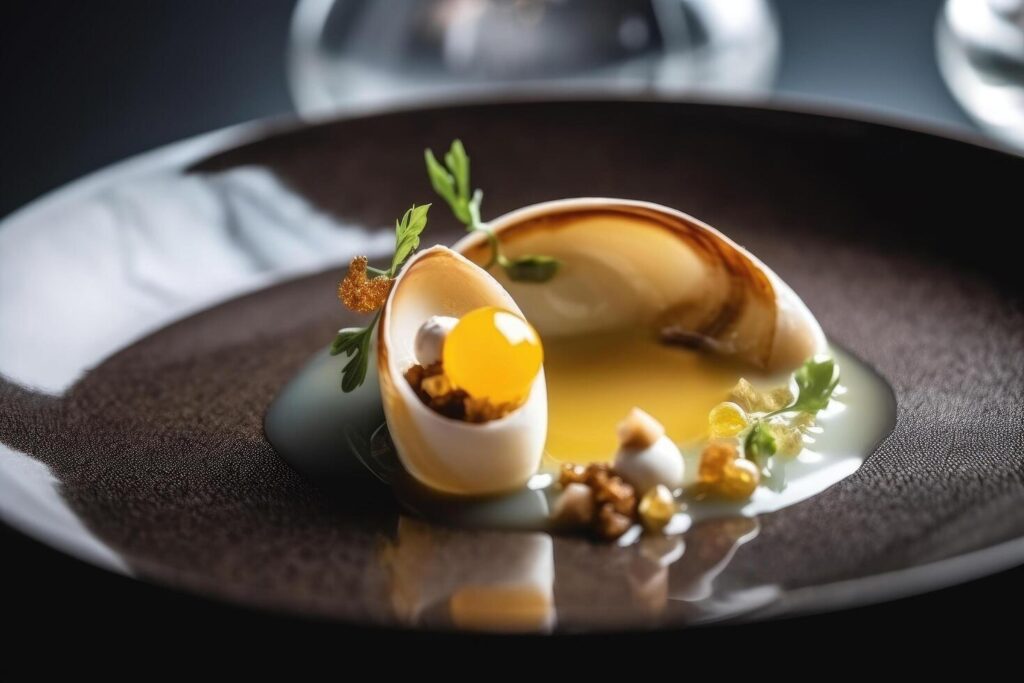 Close up of a delicious egg with nuts and herbs on a plate, Michelin Star quality food dish close up view, Stock Free