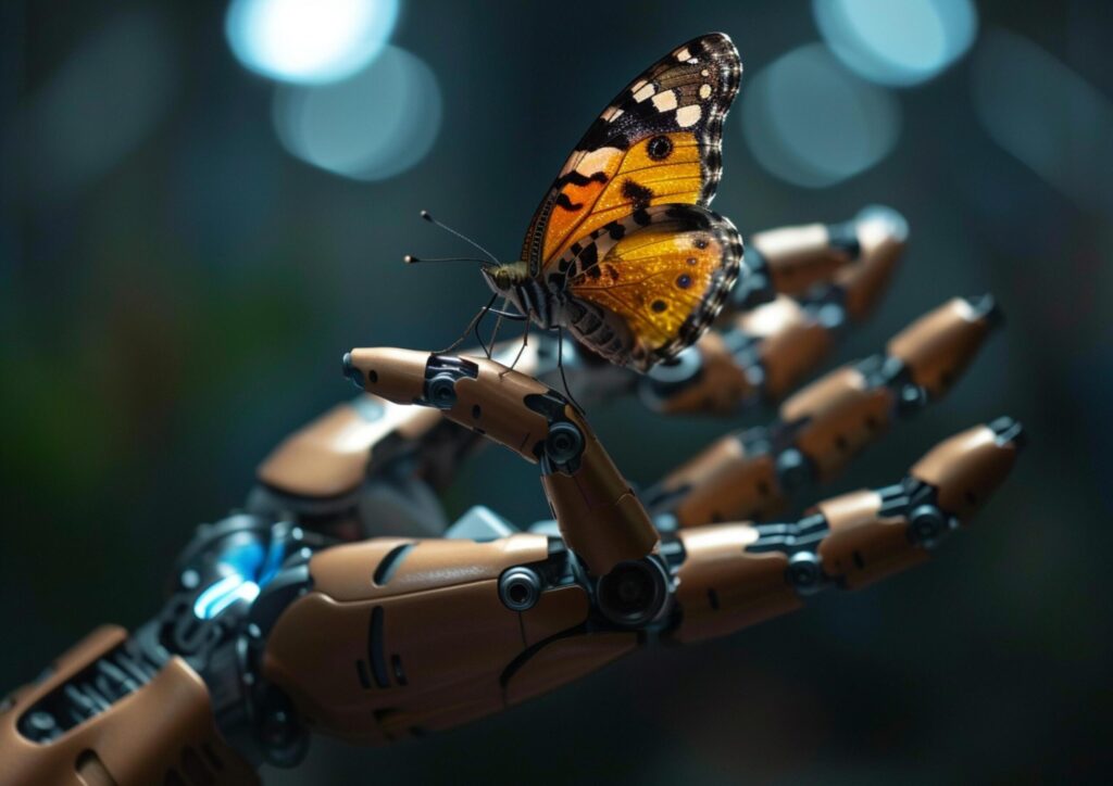 Close-up of a metallic robot hand with a colorful butterfly on the palm generated by AI. Free Photo