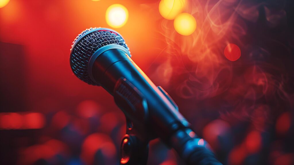 Close-up of a microphone and a blurry background of a crowd of concertgoers or a political speech to people in front of the stage. AI-generated Free Photo