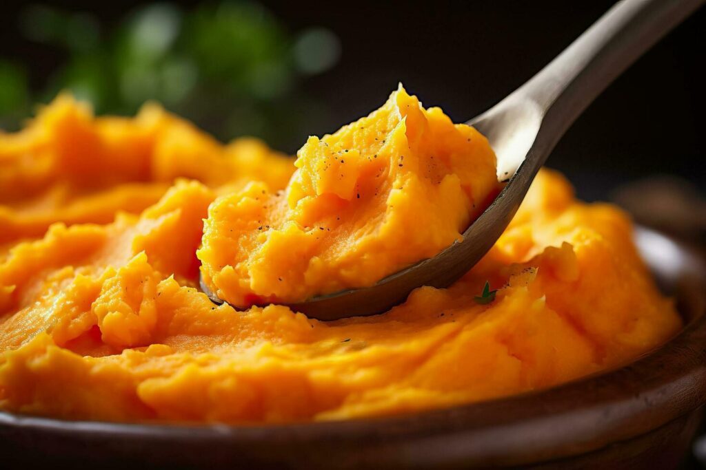 Close-up of a spoonful of mashed carrots highlighting the smoothness and vibrant color of early stage baby food Stock Free