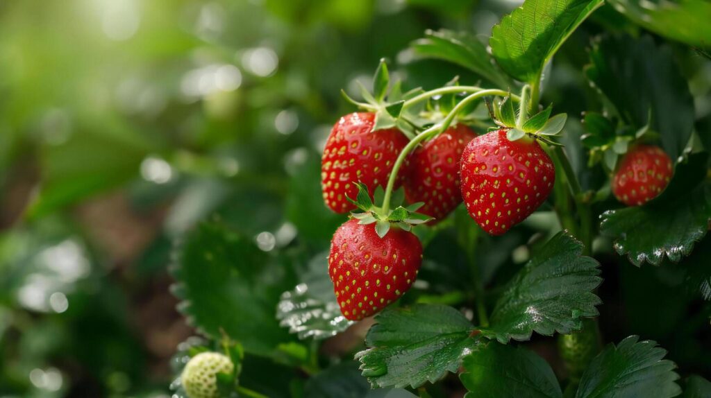 Close up of a strawberry bush with a garden background and copy space Stock Free