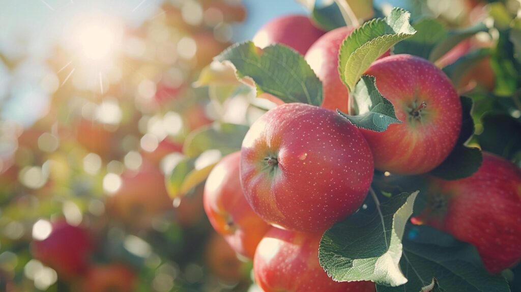 Close-up of apples growing in an apples grove under bright sun and blue sky generated by AI. Free Photo